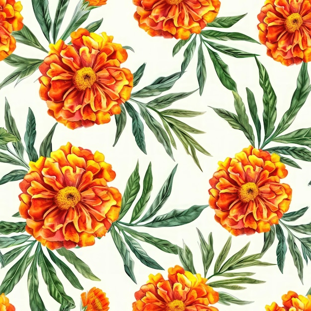 Aquarel marigold bloemen met bladeren naadloos patroon