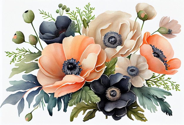 Aquarel marineblauw en perzik kleur anemonen boeket op witte achtergrond Generatieve ai