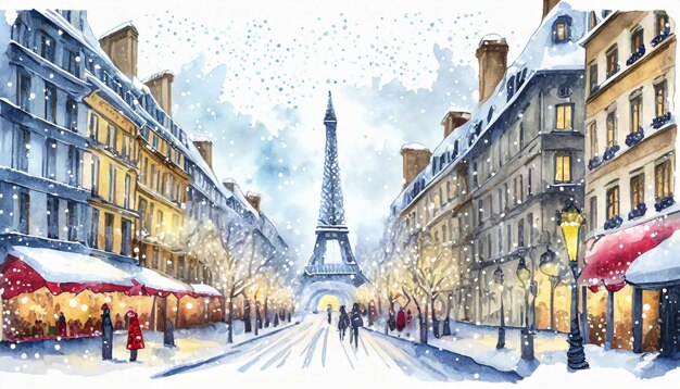 Foto aquarel met de hand getekende illustratie kerstmis in parijs met sneeuwvlokken