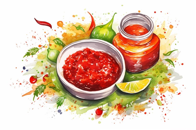 Foto aquarel mexicaanse salsa saus met groenten en kruiden op witte achtergrond