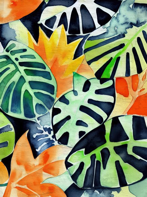 Aquarel Monstera Patroon Tropische Jungle Bladeren Schilderij Acryl Achtergrond