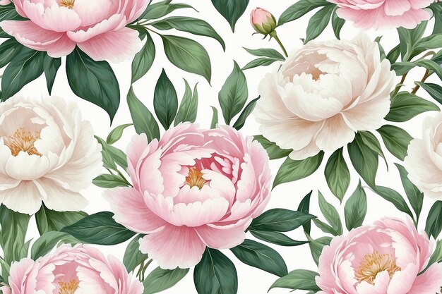 Aquarel naadloos patroon Delicate roze en witte pioenen met groene bladeren Aquarelnaadloos patrone Delicate roose en witte peonies met groene bladen