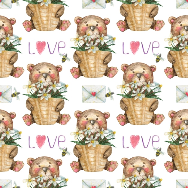 Aquarel naadloos patroon met beren met een boeket bloemen en een groot hart in hun poten