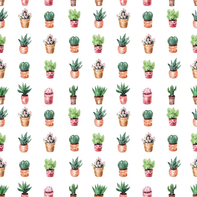 Aquarel naadloos patroon met cactussen in potten