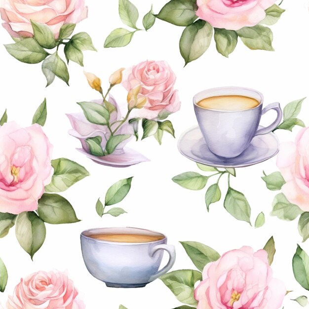 Aquarel naadloos patroon met een kopje koffie en rozen.