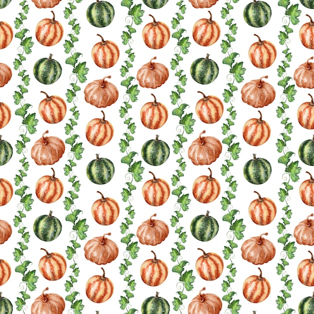 Aquarel naadloos patroon met pompoenen en bladeren