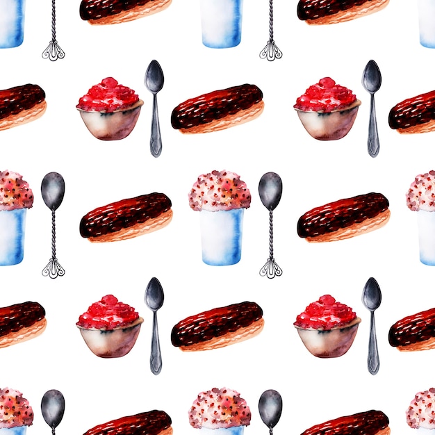 Aquarel naadloos patroon met verschillende desserts, snoep en koekjes