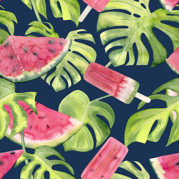 Aquarel naadloos patroon met zoete, sappige watermeloen