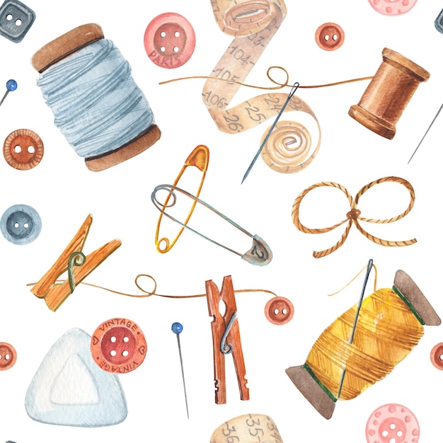 Aquarel naadloos patroon van handgetekende hulpmiddelen voor naaien, knutselen, ontwerpen
