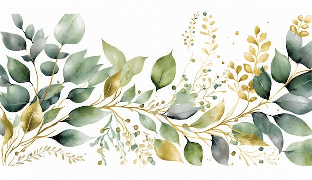 Aquarel naadloze grens illustratie met groene bladgouden en takken voor bruiloft stationaire groeten wallpapers mode achtergronden texturen DIY wrappers kaarten Ai genereren