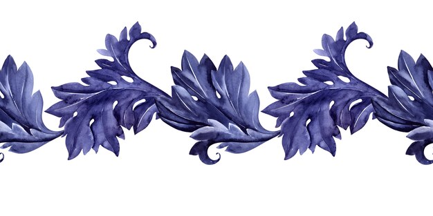 Aquarel naadloze grens met een gestileerde acanthus plant. Bladeren, twijgen en bloemen