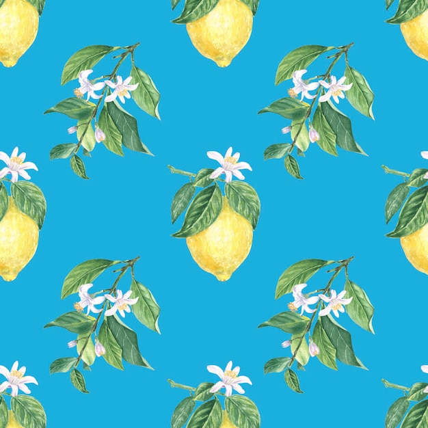 Aquarel naadloze patroon citroen bloem, bladeren op blauwe achtergrond met de hand geschilderd in botanische stijl