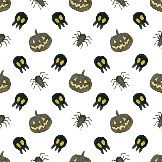 Aquarel naadloze patroon happy halloween spinnen skelet pompoen op een witte achtergrond
