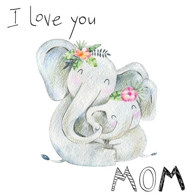 Aquarel olifant moeder en baby