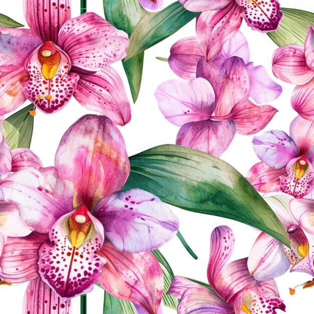 Aquarel orchidee bloemen met bladeren naadloos patroon