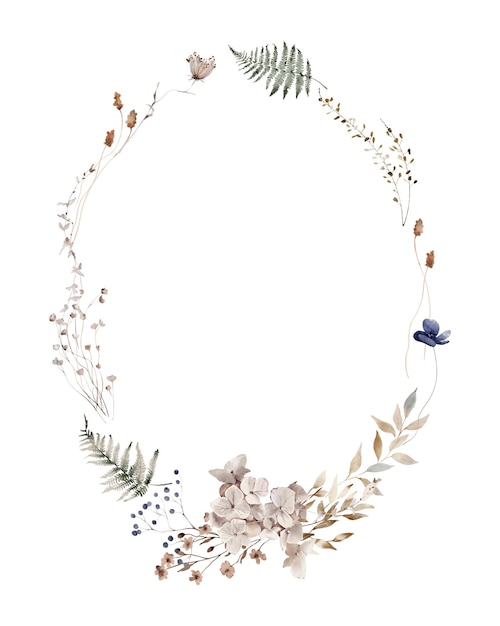 Aquarel ovale krans met gedroogde kruiden en varens