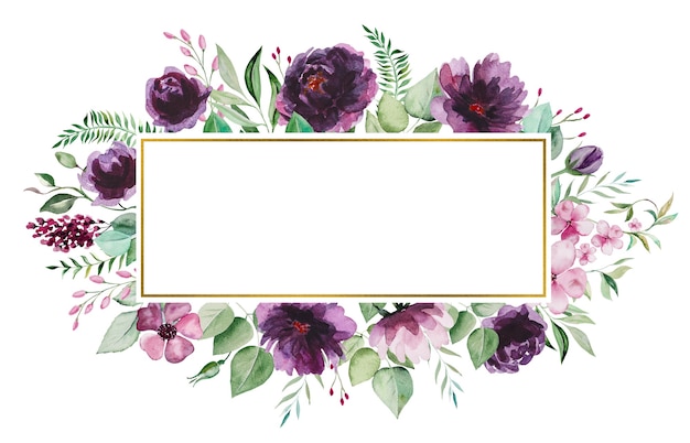 Aquarel paarse bloemen en groene bladeren frame illustratie geïsoleerd