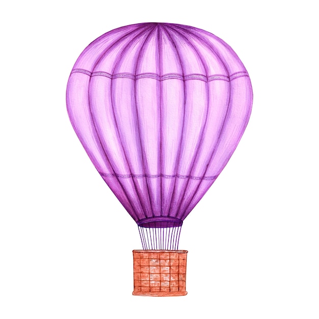 Aquarel paarse hete luchtballon illustratie met aerostate op witte achtergrond Voor prints fabric