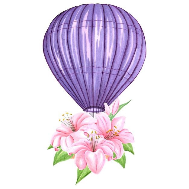 Aquarel paarse hete luchtballon met lelie bloemen Handgeschilderde illustratie op witte achtergrond Voor ontwerp prints stof of achtergrond