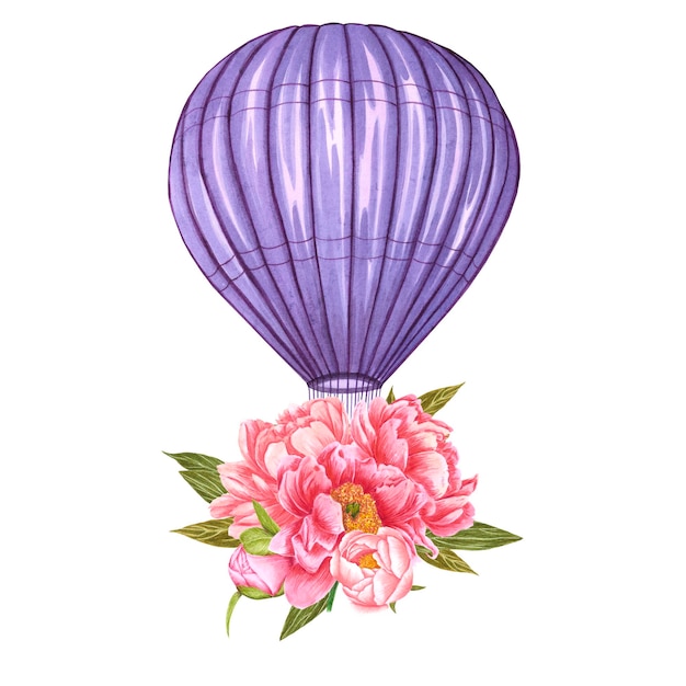 Aquarel paarse heteluchtballon met pioenrozen Handgeschilderde illustratie op witte achtergrond Voor ontwerp prints stof of achtergrond