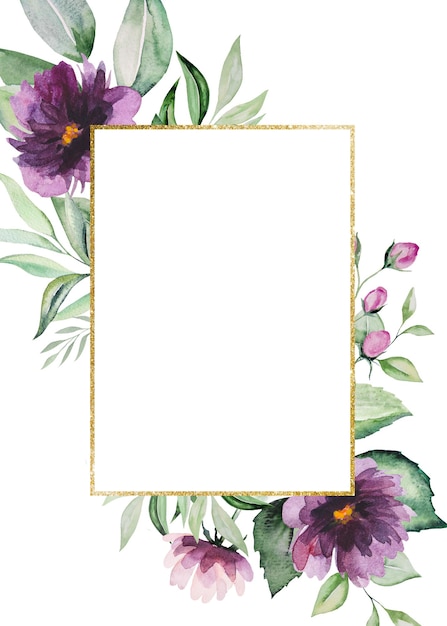 Aquarel paarse pioenrozen bloemen abd groene bladeren gouden rechthoekig frame illustratie kopie ruimte