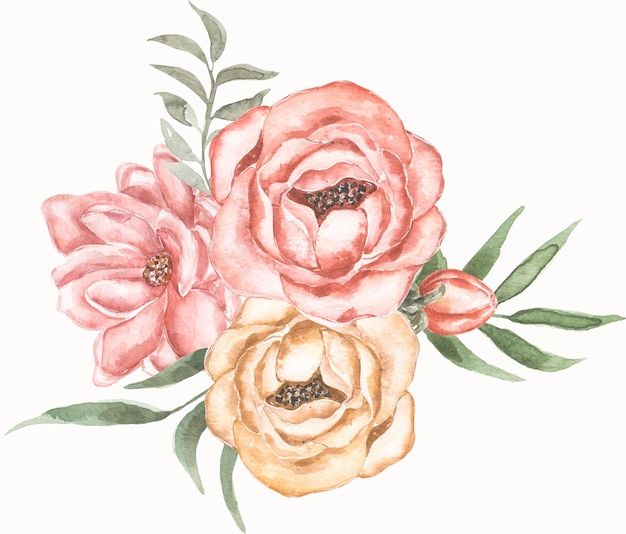 Foto aquarel peony en groen boeket clipart delicate bloemen illustratie in vintage stijl