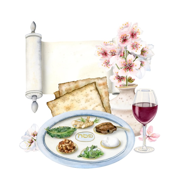 Aquarel Pesach seder plaat met traditionele maaltijd wijnglas Haggadah scroll en bloemenboeket