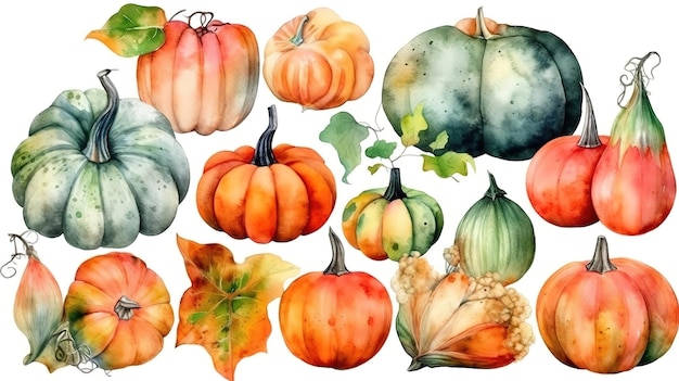 Aquarel pompoenen Halloween illustratie set oogst Generatieve Ai