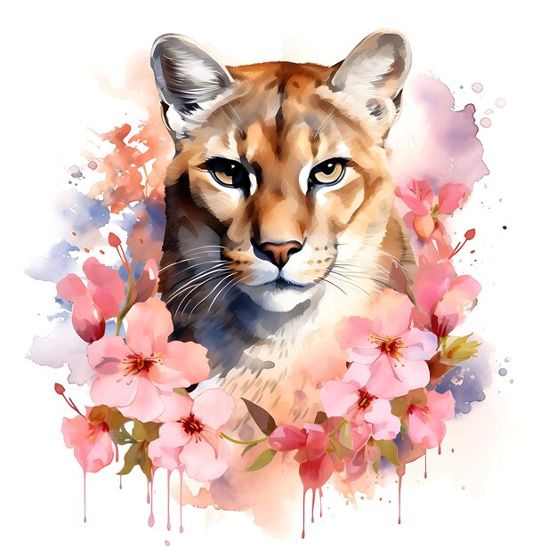 Aquarel Puma een schattig wild dier omgeven door akeleien op witte achtergrond digitale kunst