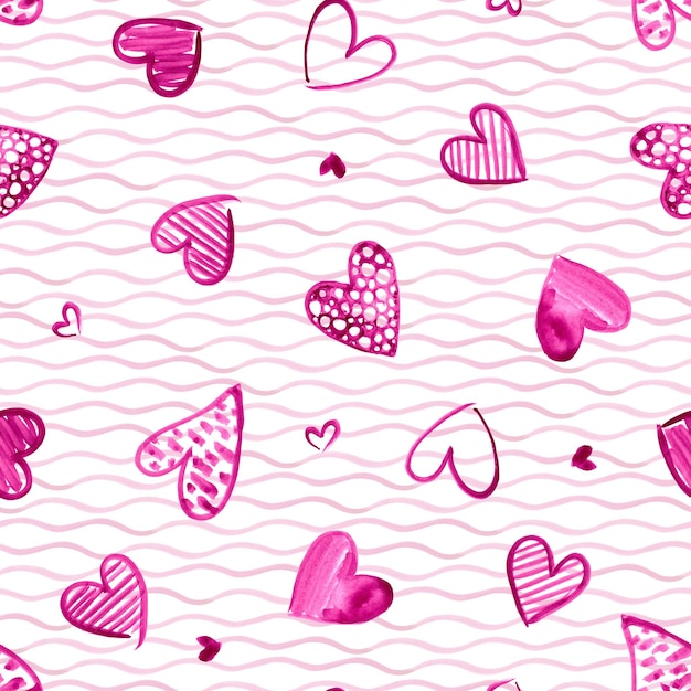Aquarel rode, roze, paarse harten set. Happy Valentine's Day card Naadloze structuur met grappige wate