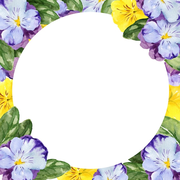 aquarel rond frame met handgetekende viooltjebloemen en bladeren violette en gele lentebloemen