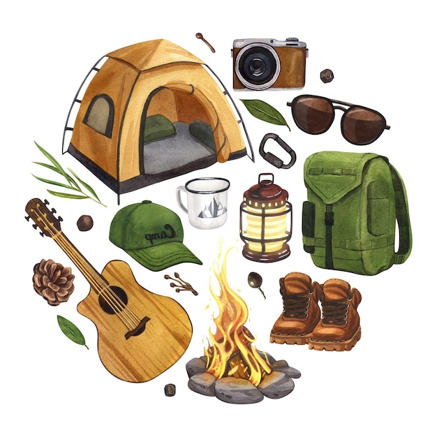 Aquarel ronde samenstelling camping met tent kampvuur rugzak gitaar laarzen
