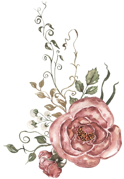 Foto aquarel roze bloemen boeket bloemen illustratie blad en knoppen clipart botanische samenstelling