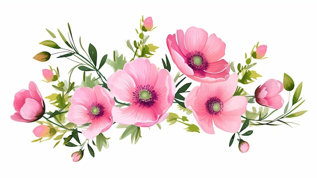 Aquarel roze bloemenboeket clipart illustratie en lente bloemen tak met groene bladeren decoratie op witte achtergrond