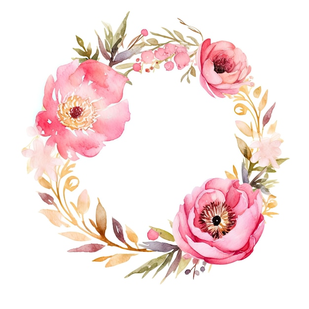 Aquarel roze bloemenkrans met gouden cirkel