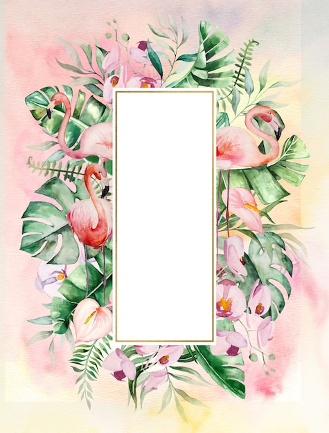 Aquarel roze flamingo, tropische bladeren en bloemen frame illustratie met aquarel achtergrond. huwelijksuitnodigingen, briefpapier, groeten, mode, posters