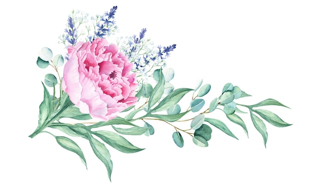 Aquarel roze pioen eucalyptus gypsophila en lavendel slinger geïsoleerd op witte achtergrond hand