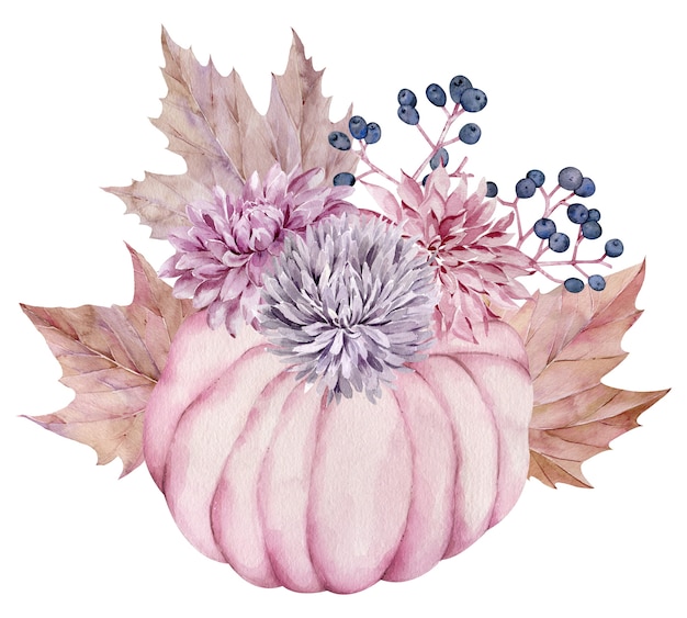 Aquarel roze pompoen versierd met herfstbloemen, herfst esdoorn bladeren, bessen. Mooie bloemenpompoenregeling.