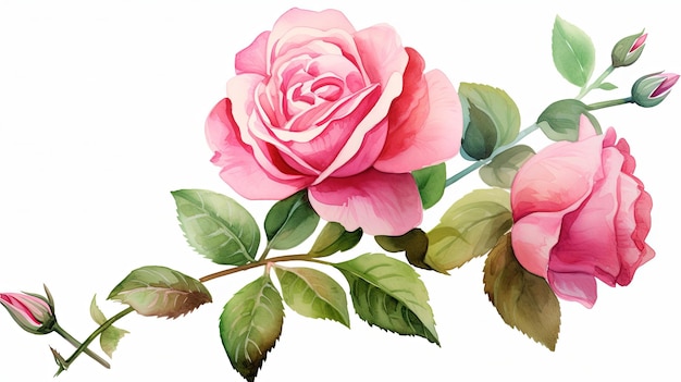 Aquarel roze roos bloem clipart illustratie en roos bloemen tak met groene bladeren op witte achtergrond