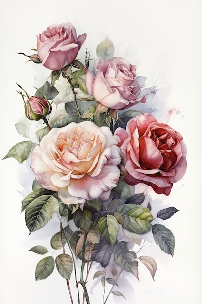 Aquarel rozen boeket illustratie op witte achtergrond Bruiloft uitnodiging Botanische kunst print