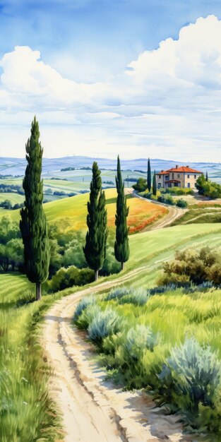 Foto aquarel scene van italië prachtig groen platteland en dorp in toscane