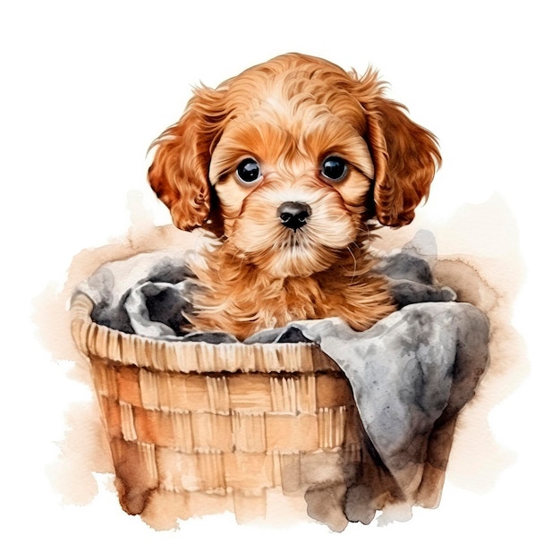 Aquarel schattig cavapoo puppy hondje poseren in mand Generatieve AI