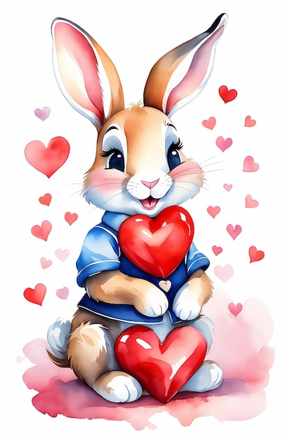 aquarel schattig konijn met een hart in zijn poten Valentijnsdagkaart