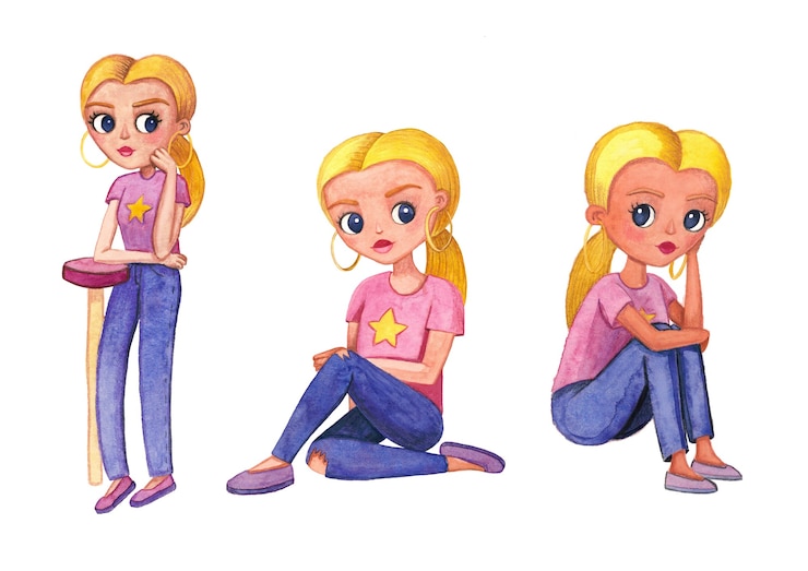 Foto aquarel schattig tienermeisje met een blonde, met oorbellen in haar oren, in een roze t-shirt met een ster, spijkerbroek en roze balletschoenen in drie poses