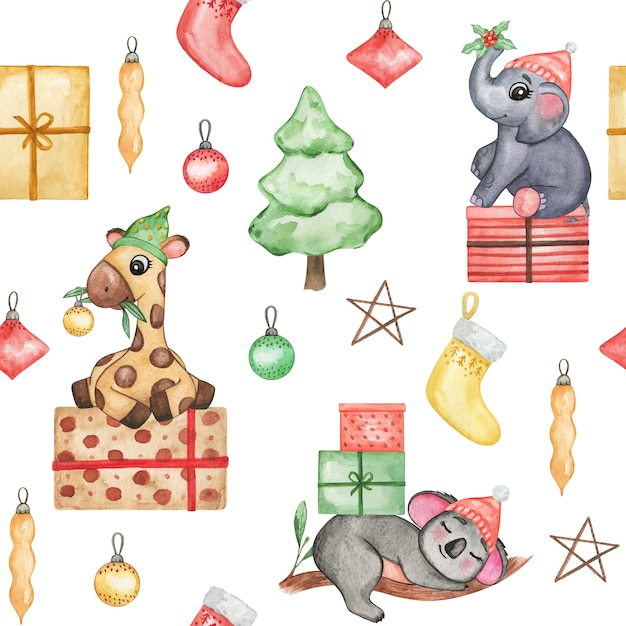 Aquarel schattige dieren op kerstmuts achtergrond, kerst baby behang, naadloze patroon