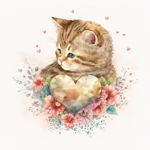 Aquarel schattige kat bloemen hart Valentijnsdag illustratie op witte achtergrond Ai gegenereerd