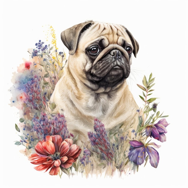 Aquarel schattige pug hond in bloemen Generatieve AI