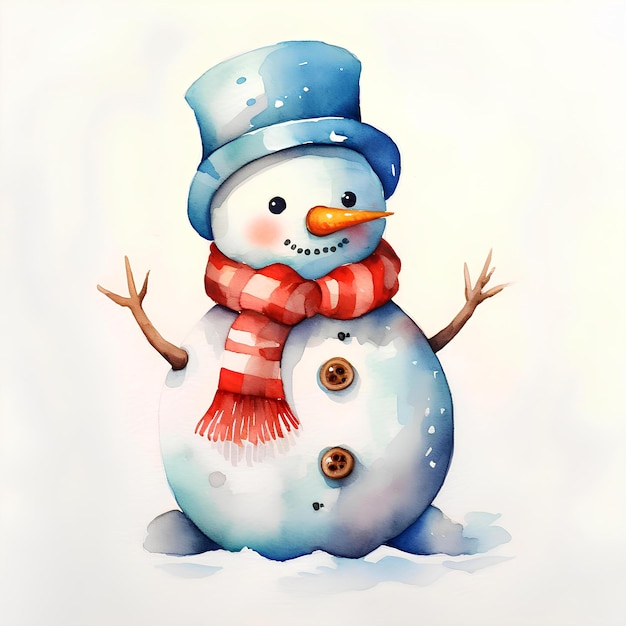 Aquarel schattige sneeuwpop in muts en sjaal