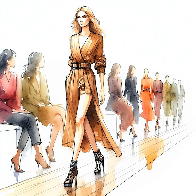 Aquarel schets van een model dat op een catwalk loopt AI generatieve illustratie