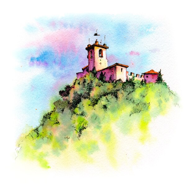 Aquarel schets van Guaita fort in San Marino